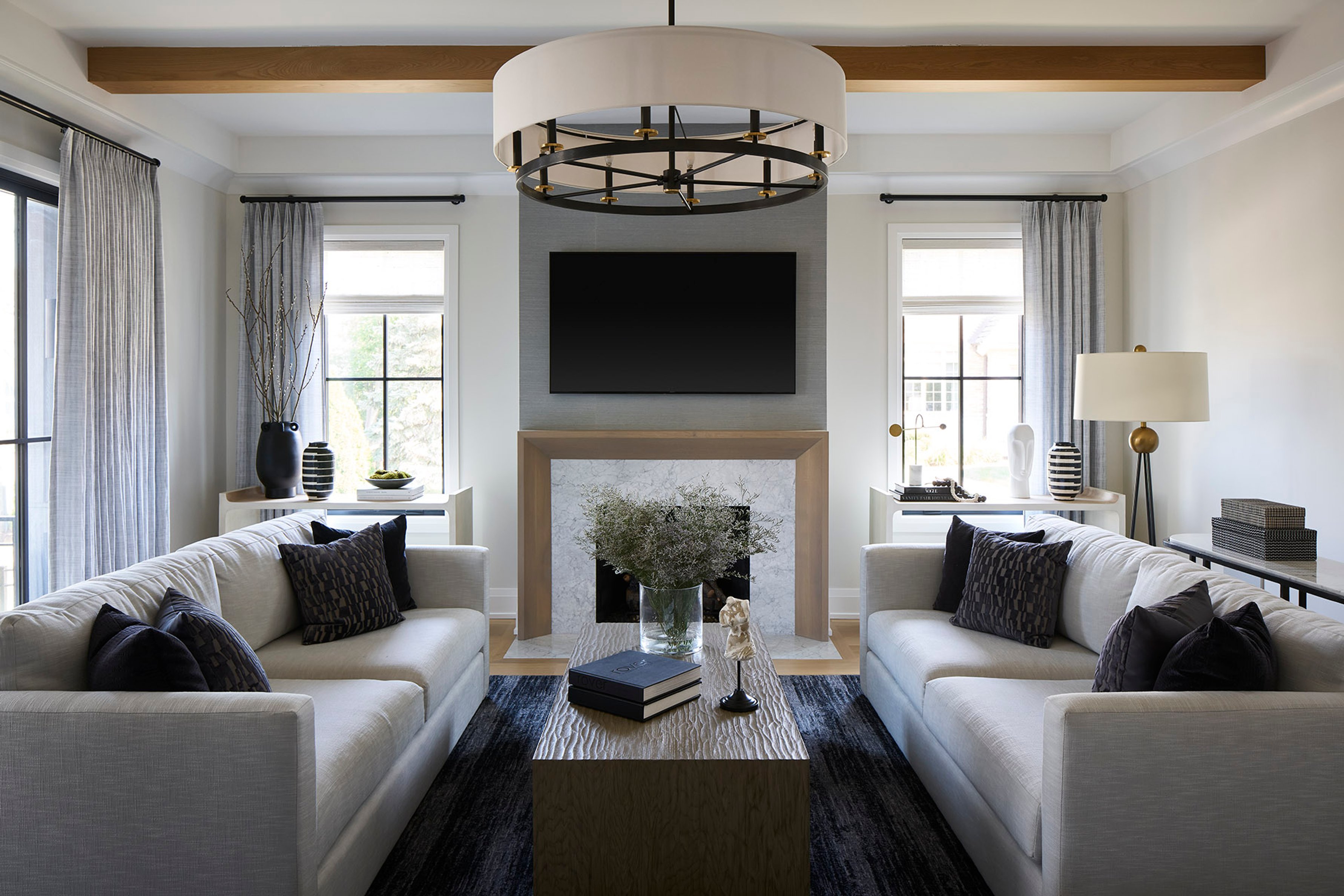 Dawn Reeves Design Luxury Interior Design Chicago Illinois Fairview Living Room Drum Chandelier Fireplace