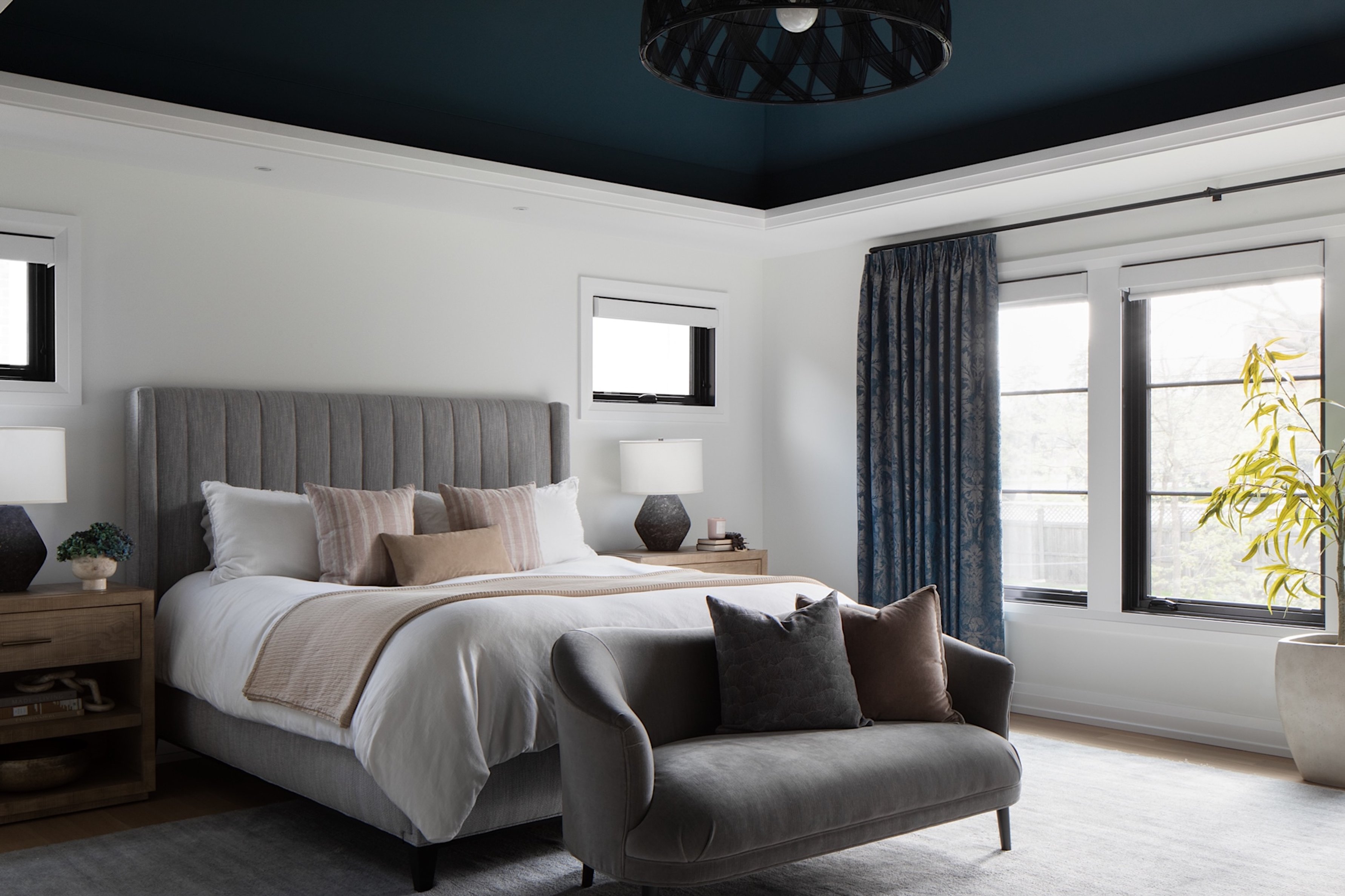 Dawn Reeves Design Luxury Interior Design Chicago Illinois Kenilworth 1 Primary Bedroom Navy Ceiling