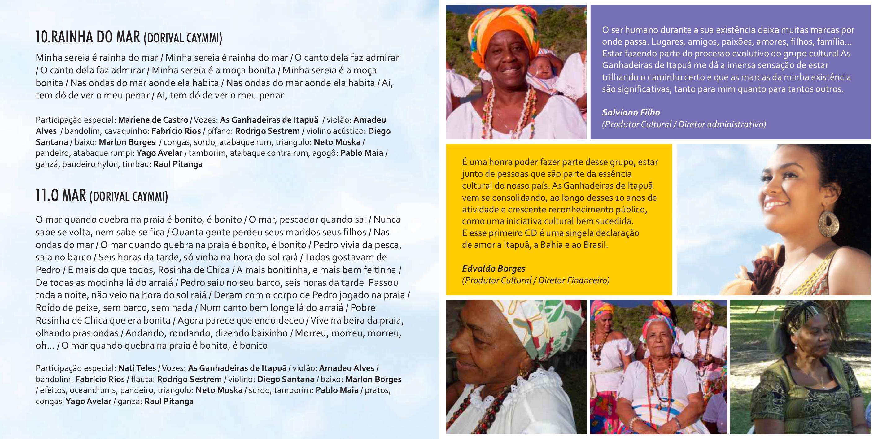 Destaques do encarte do CD "Ganhadeiras de Itapuã" (Coaxo de Sapo, 2014)