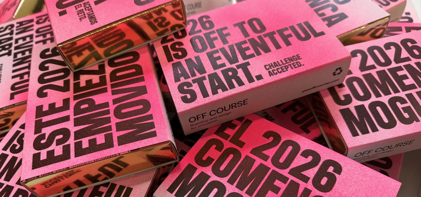 Campaña Off Course: packaging de “Este año empieza movido. Aceptamos el reto”