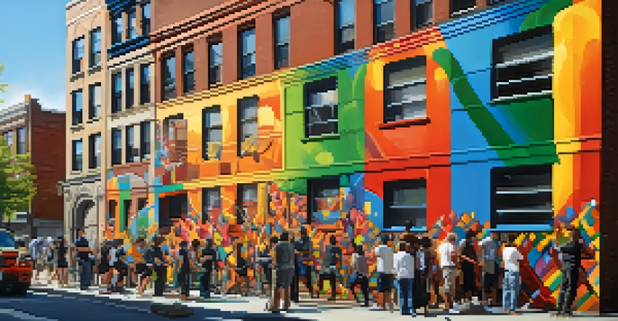 A lively New York City street with diverse artists painting a colorful mural on a brick wall, with people interacting and enjoying the art.