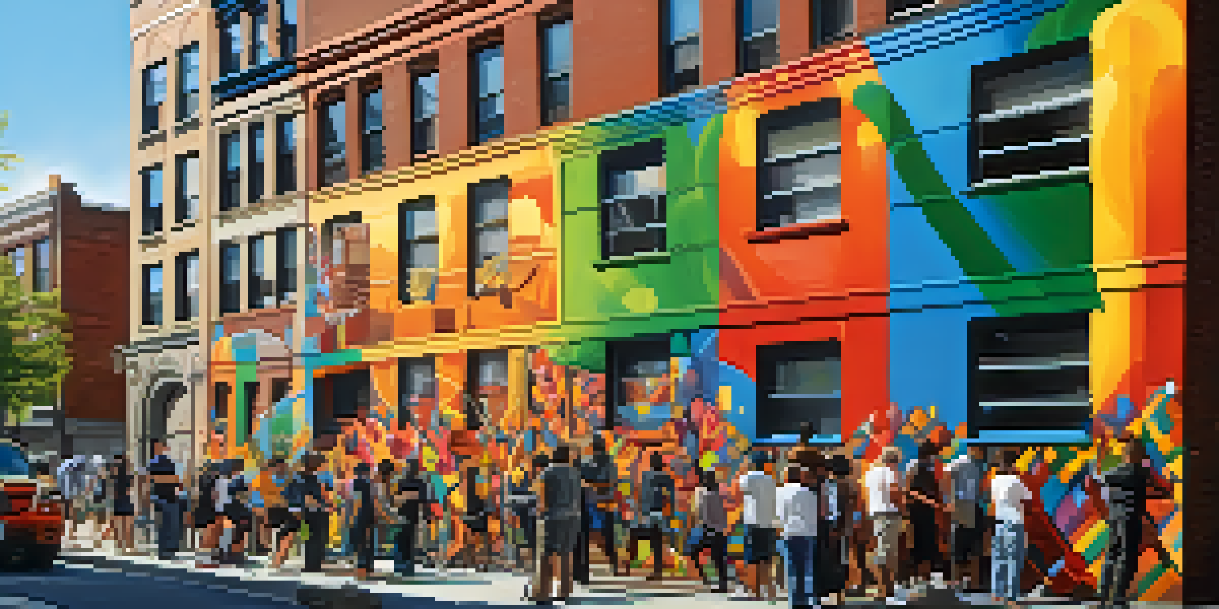 A lively New York City street with diverse artists painting a colorful mural on a brick wall, with people interacting and enjoying the art.