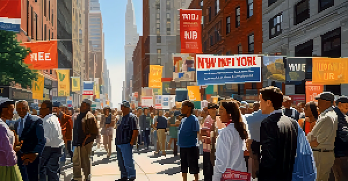 A lively New York City street filled with a diverse crowd of voters and political signs, with sunlight illuminating the scene.