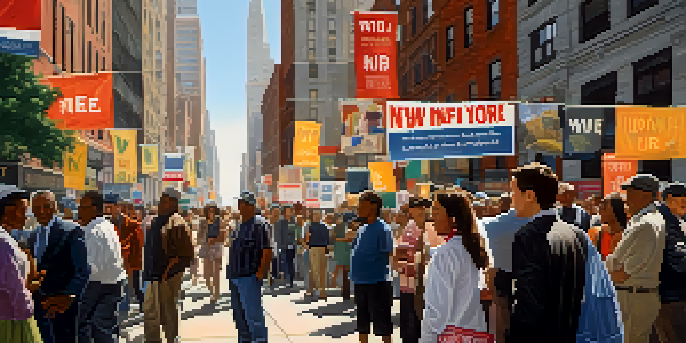 A lively New York City street filled with a diverse crowd of voters and political signs, with sunlight illuminating the scene.