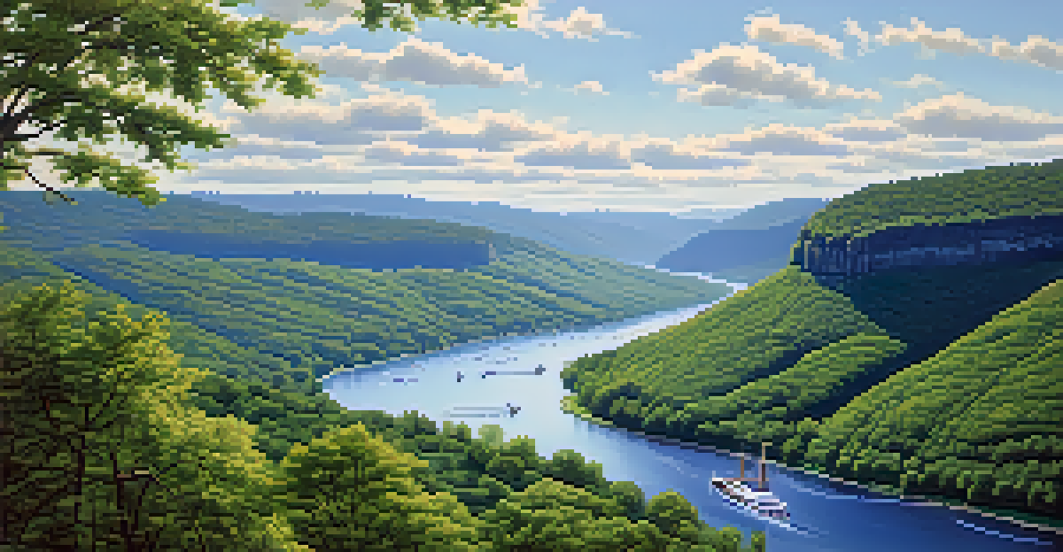 Aerial view of the Hudson River and rolling hills, showcasing vibrant greenery and small boats on the water.