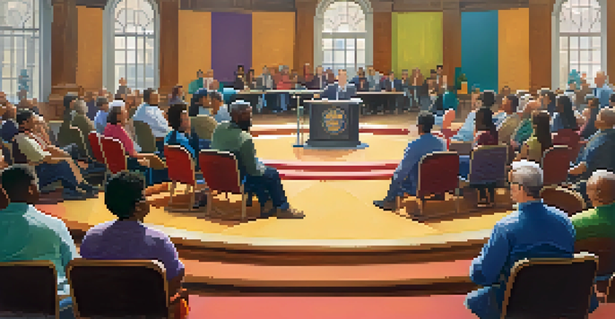 A diverse group of community members participating in a town hall meeting, discussing local initiatives with a podium at the center.