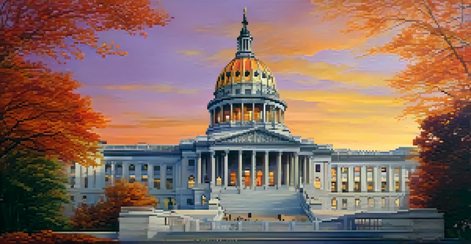 The New York State Capitol building at sunset, showcasing its architectural details and colorful autumn foliage.