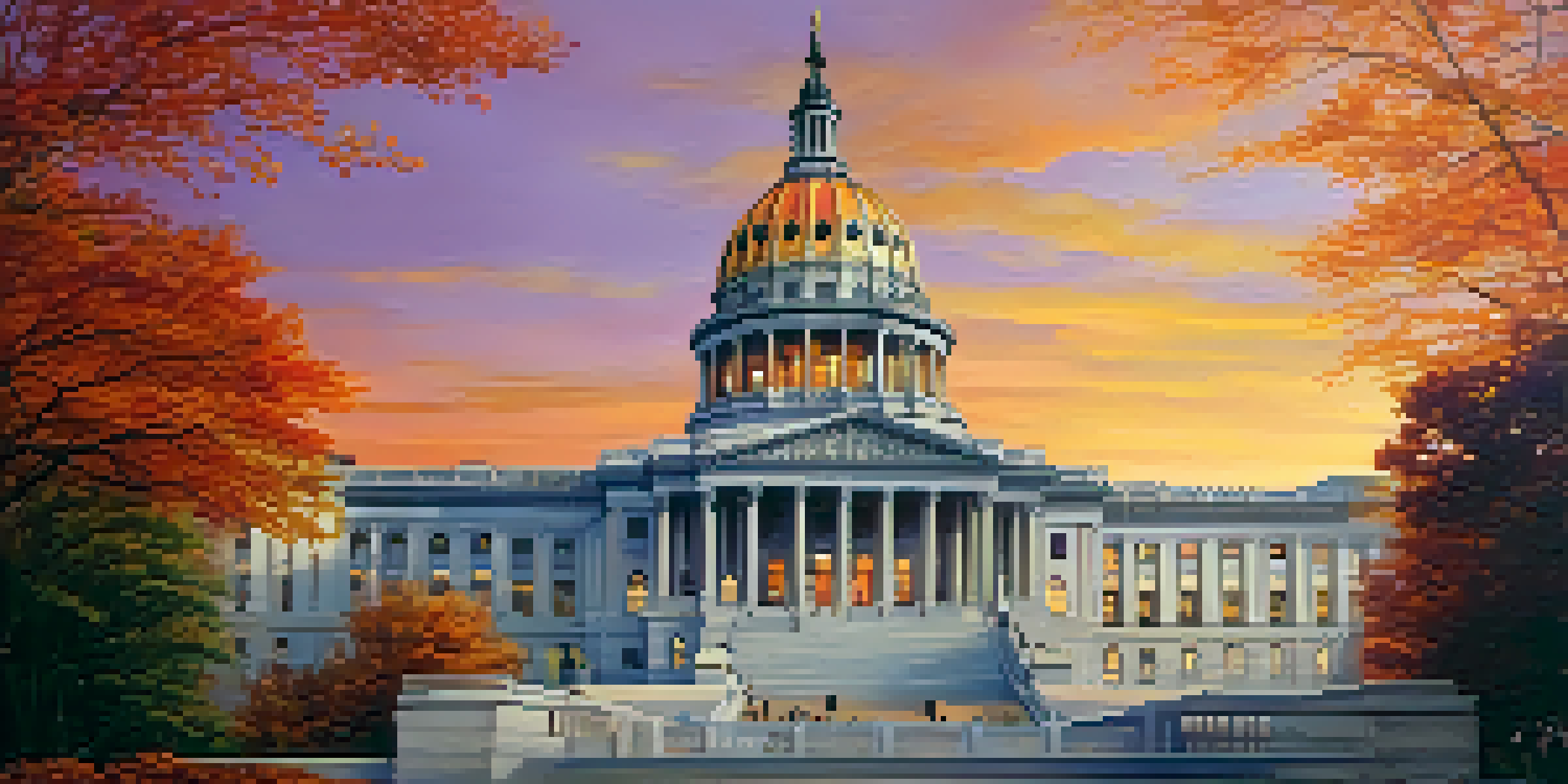 The New York State Capitol building at sunset, showcasing its architectural details and colorful autumn foliage.