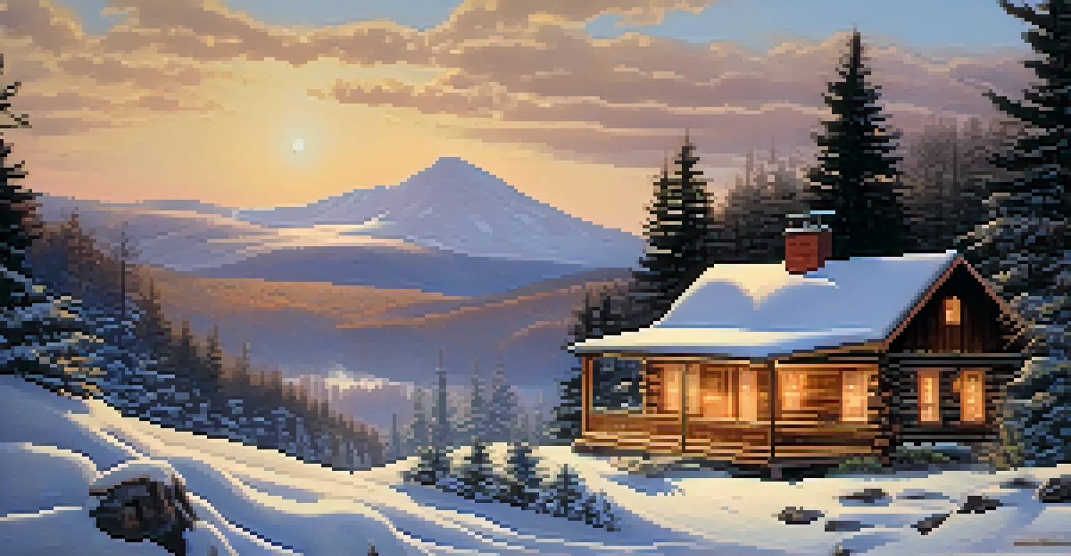 A snow-covered cabin in the Catskill Mountains during winter, surrounded by pine trees and mountains.