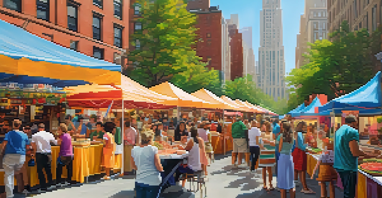 A bustling food festival in New York City featuring colorful booths, people sampling food, and chefs in action.
