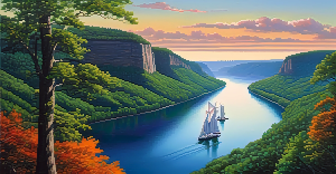 Aerial view of the Hudson River with vibrant sunset colors and lush green valleys.