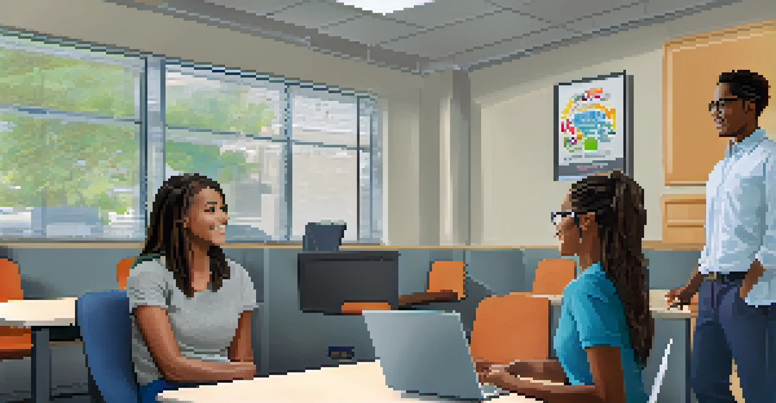 A community college advisor assisting a student in a welcoming support services office.