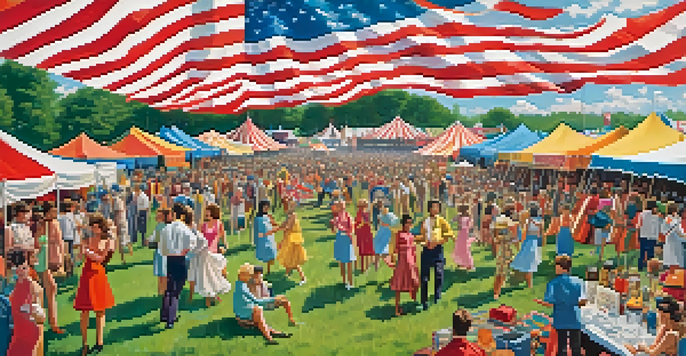 A lively outdoor music festival scene from the late 1960s in New York, showcasing a diverse crowd enjoying a band performance on stage.