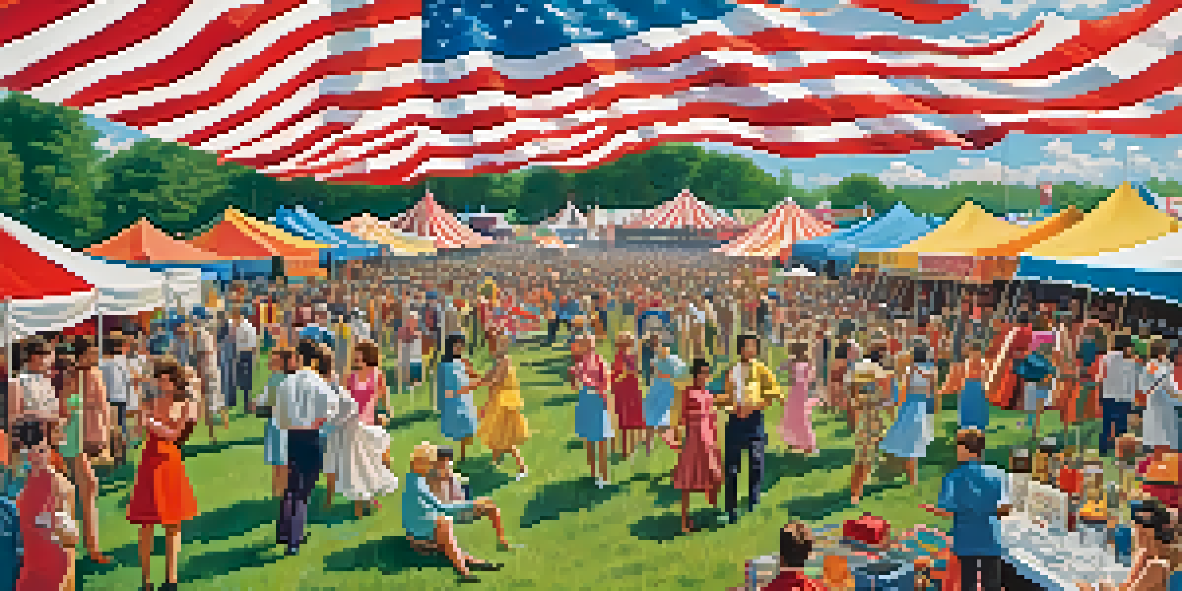 A lively outdoor music festival scene from the late 1960s in New York, showcasing a diverse crowd enjoying a band performance on stage.