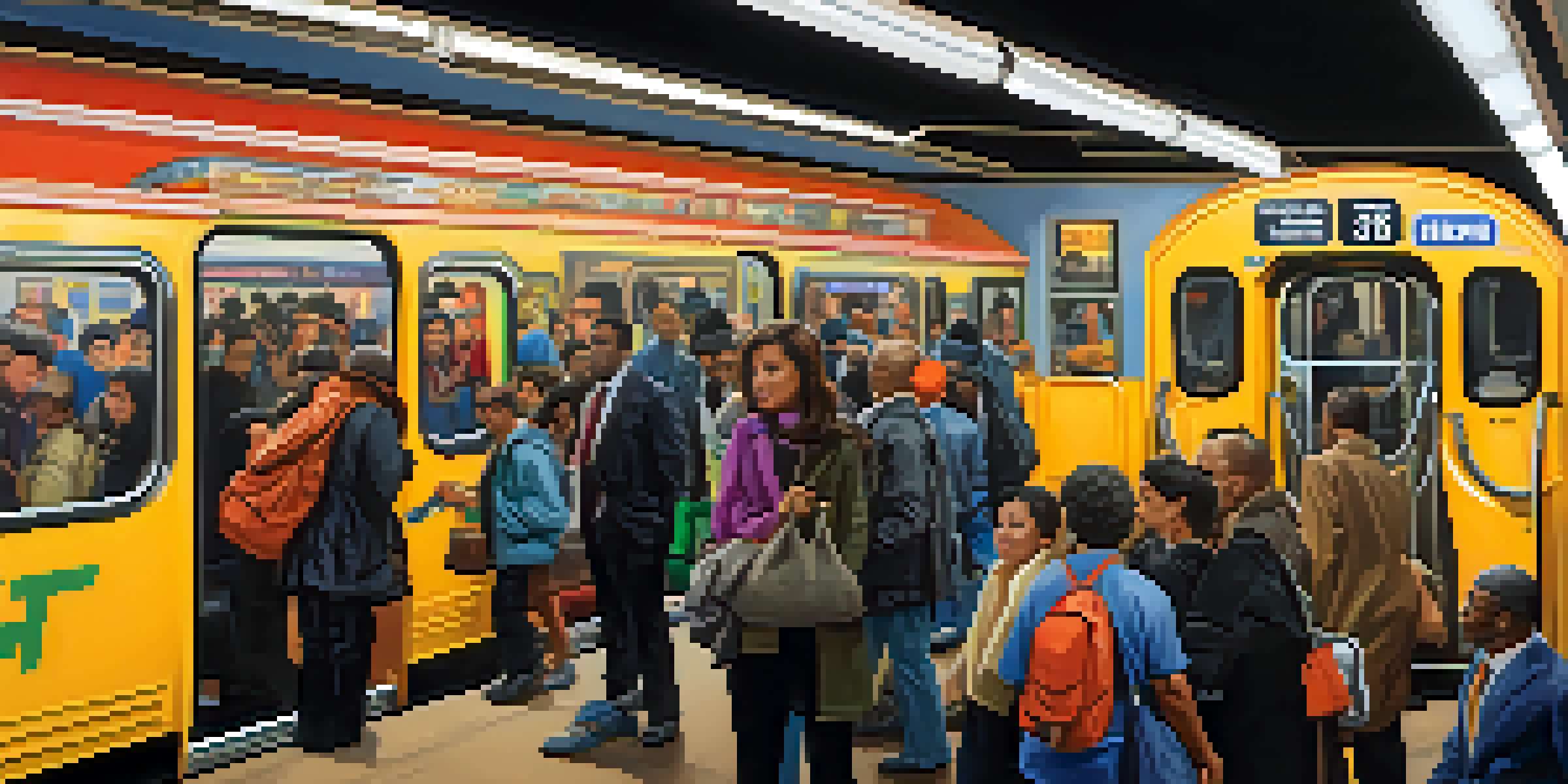 A busy subway station in New York City with diverse commuters and bright advertisements.