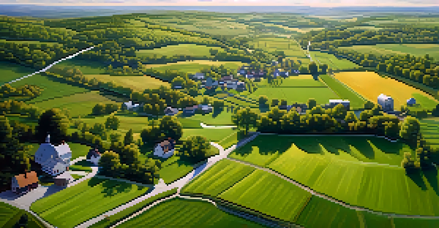 Aerial view of rural New York State with green fields, small towns, and mountains in the background.