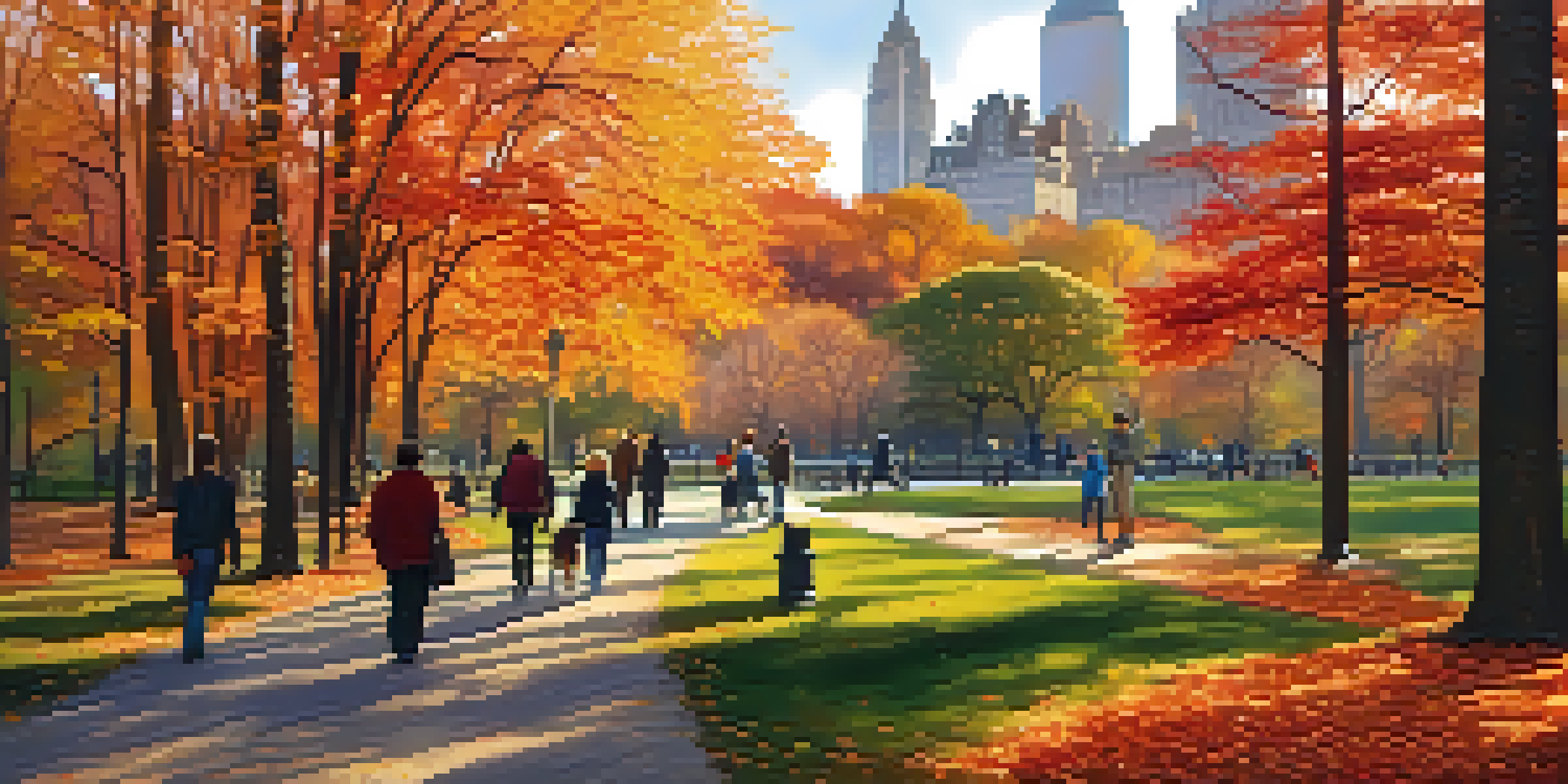 A picturesque scene of Central Park in autumn with colorful leaves, a lake, and people walking along the paths.