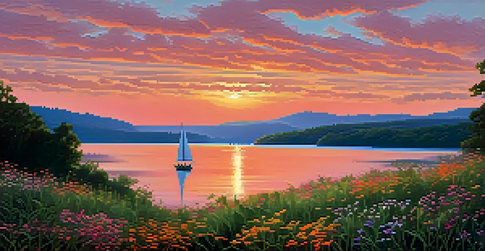 A picturesque view of the Hudson River at sunset, showcasing colorful reflections on the water and a sailboat in the foreground.