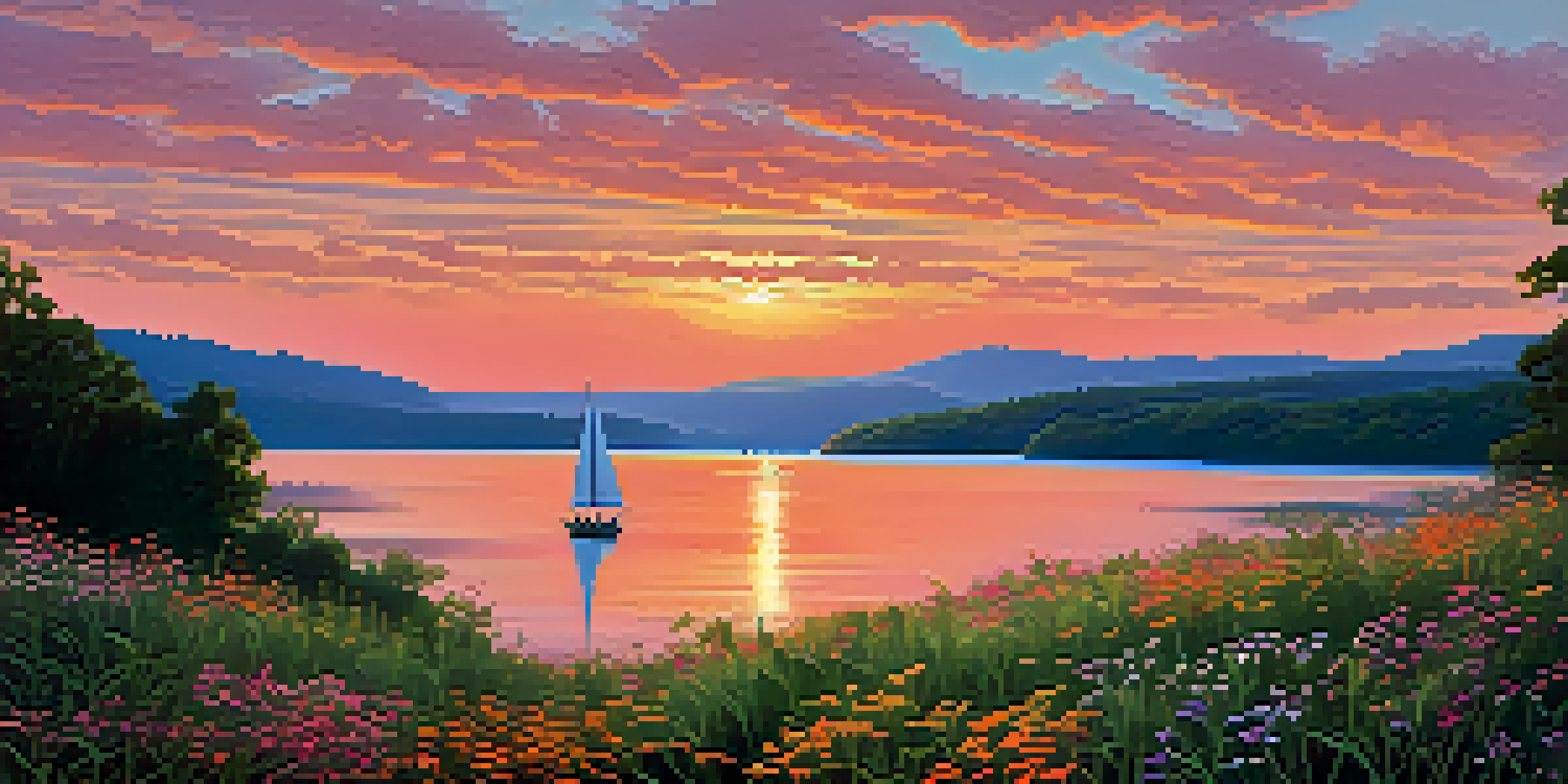 A picturesque view of the Hudson River at sunset, showcasing colorful reflections on the water and a sailboat in the foreground.