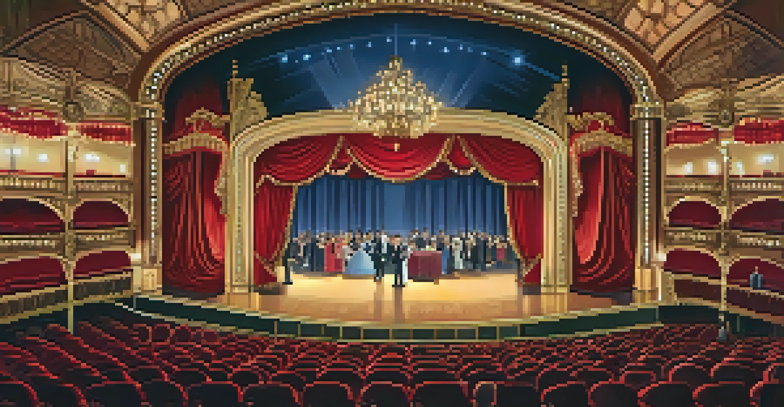 The interior of a grand Broadway theater with plush seats and a softly lit stage.