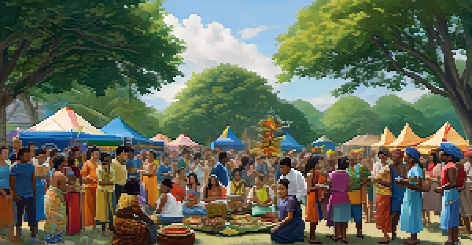 A community cultural exchange event in a park, featuring people sharing food, dances, and crafts, surrounded by trees and festive decorations.