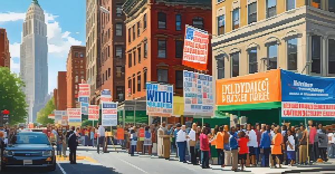 A lively New York City street scene depicting candidates interacting with community members during a political campaign, featuring colorful posters and a clear blue sky.