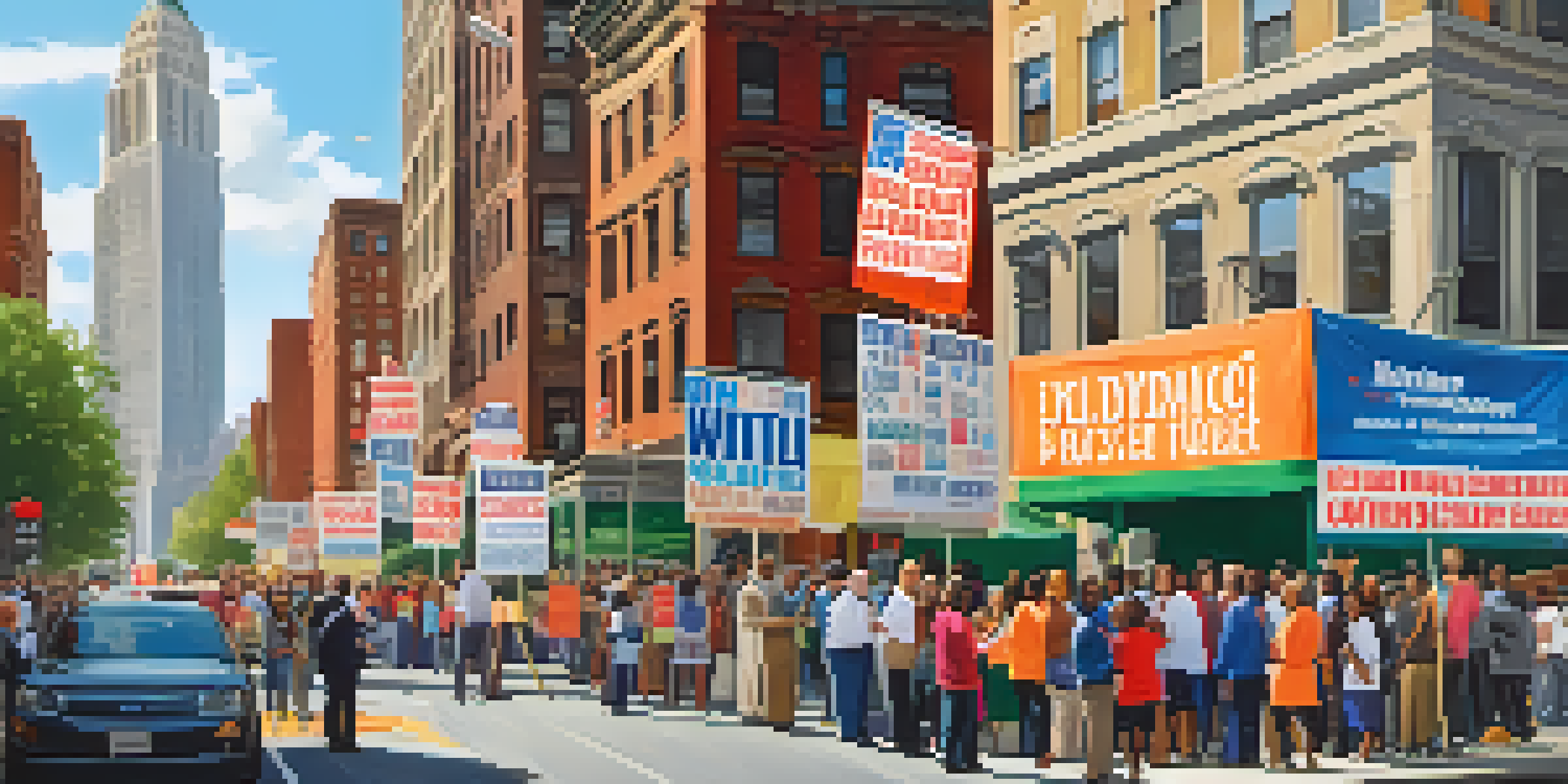 A lively New York City street scene depicting candidates interacting with community members during a political campaign, featuring colorful posters and a clear blue sky.