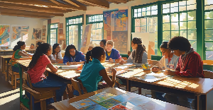 A classroom filled with students of different ethnicities working together on an art project, surrounded by cultural decorations and sunlight coming through the windows.
