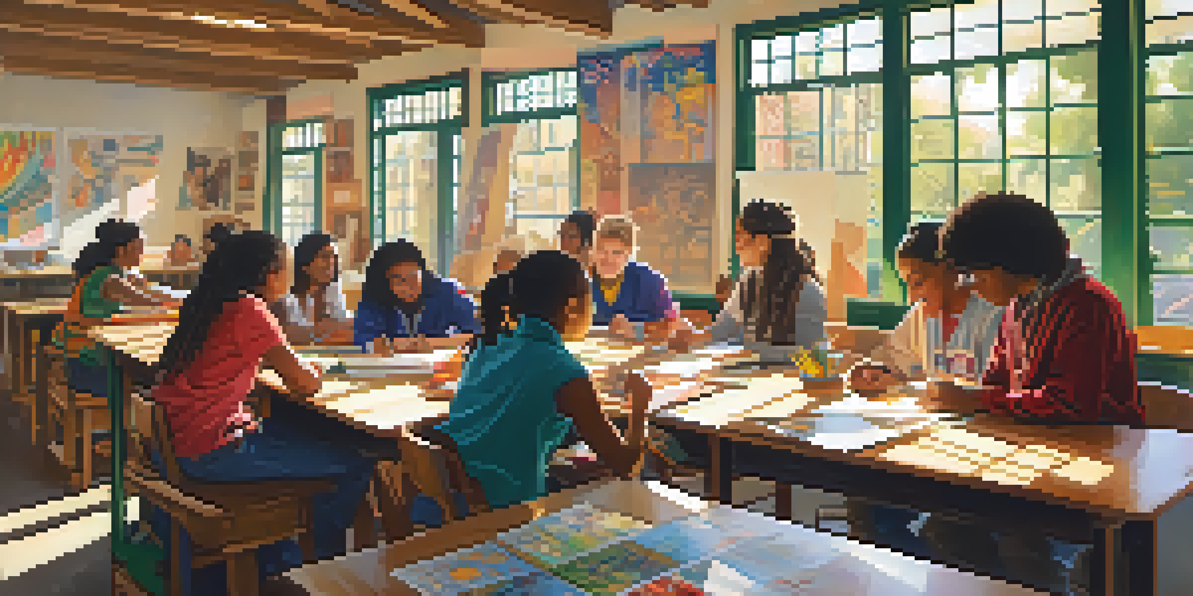 A classroom filled with students of different ethnicities working together on an art project, surrounded by cultural decorations and sunlight coming through the windows.