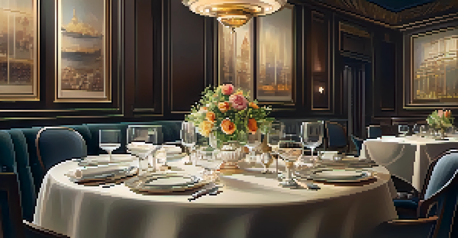 A fine dining table setting in a New York restaurant, showcasing elegant dishes and a cozy ambiance with soft lighting.