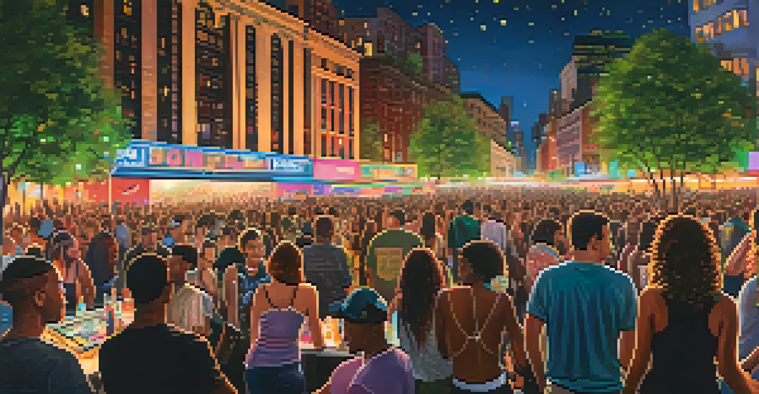 A lively modern music festival in New York City at night, with colorful lights, diverse attendees enjoying performances, and food trucks in the background.