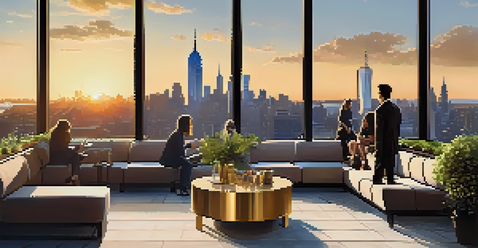 Professionals networking on a rooftop terrace with a view of the New York City skyline at sunset, surrounded by plants and stylish furniture.