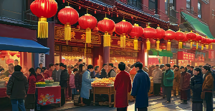 A bustling street in Chinatown during the Lunar New Year Festival with colorful decorations and diverse people celebrating.