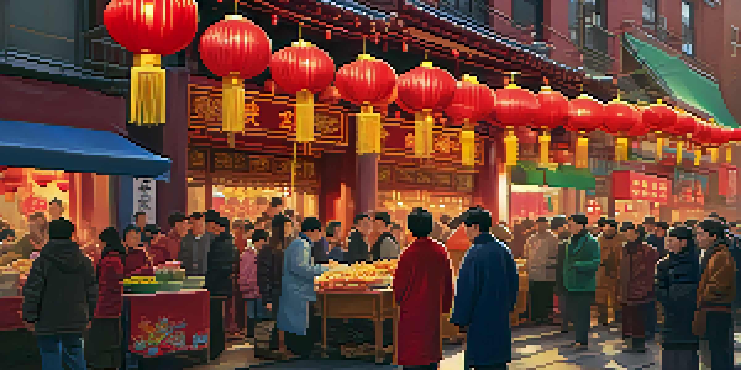A bustling street in Chinatown during the Lunar New Year Festival with colorful decorations and diverse people celebrating.
