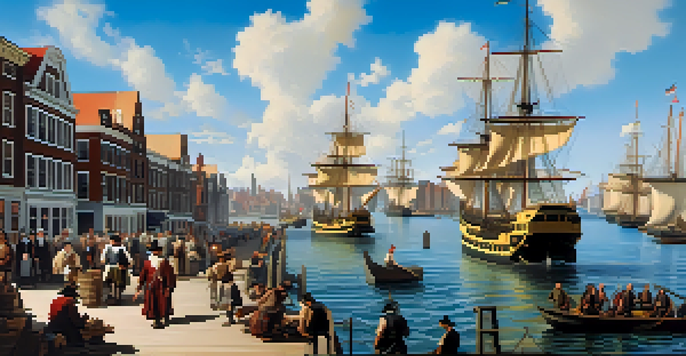 A historic scene of Dutch settlers establishing New Amsterdam in 1624, showcasing wooden ships and a bustling marketplace under a bright blue sky.