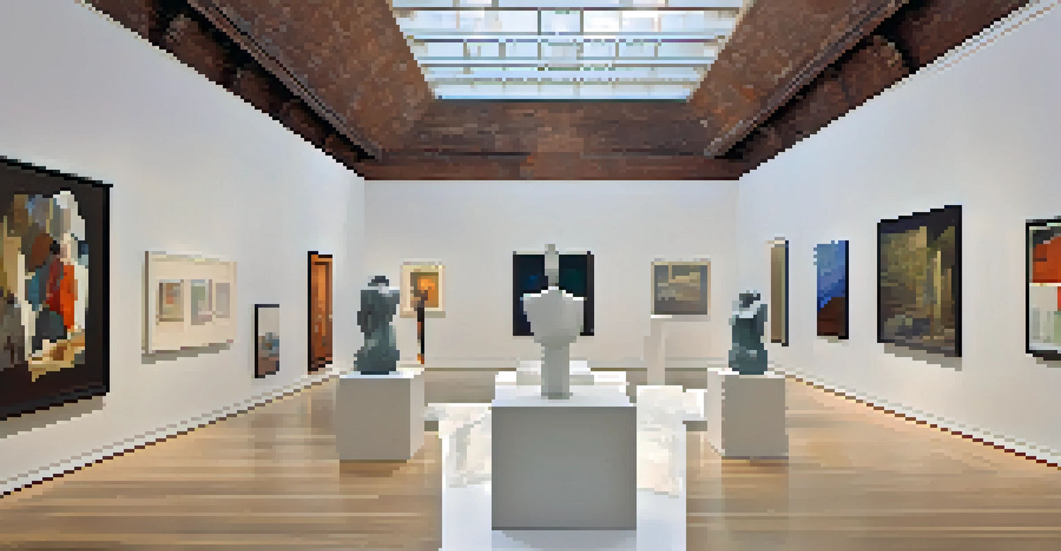 A bright and spacious art museum gallery showcasing diverse artworks by underrepresented artists, with natural light illuminating the space.