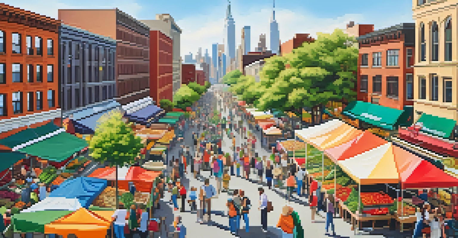 A lively farmers' market in New York, bustling with people and colorful stalls of fresh produce.