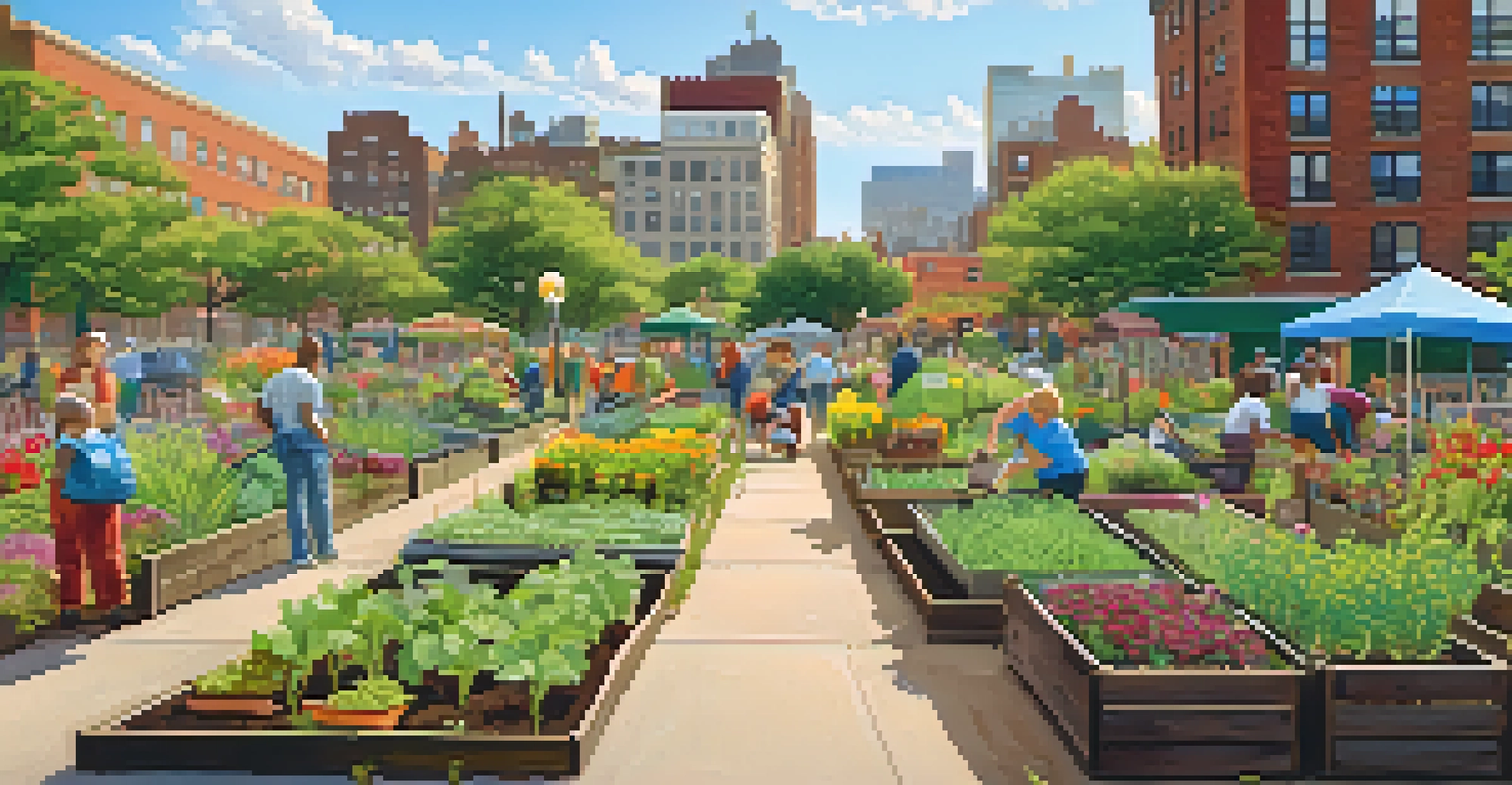 A lively community garden in New York City with people gardening and colorful plants.