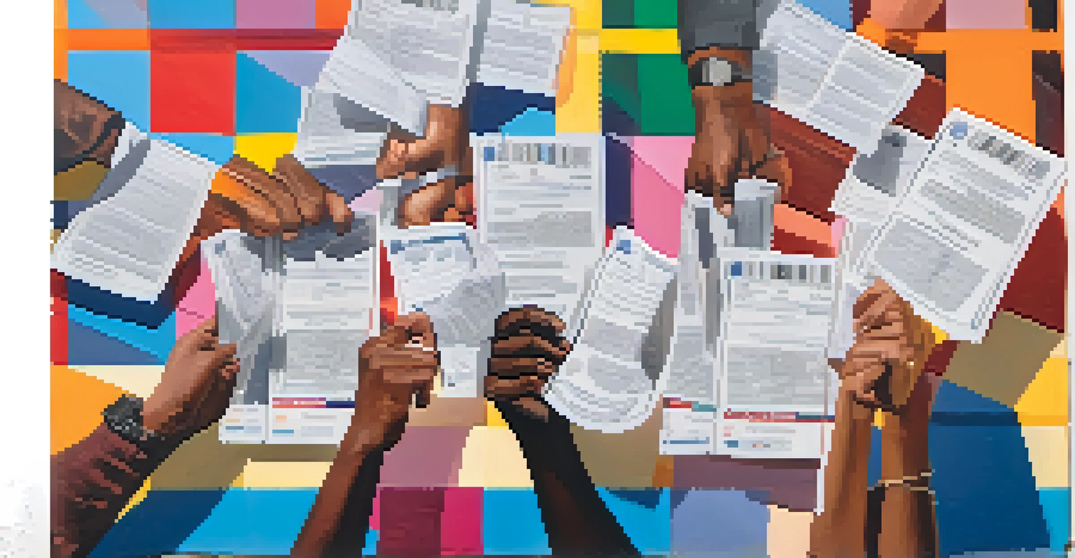 Diverse hands holding voter registration forms in front of a colorful mural symbolizing unity.