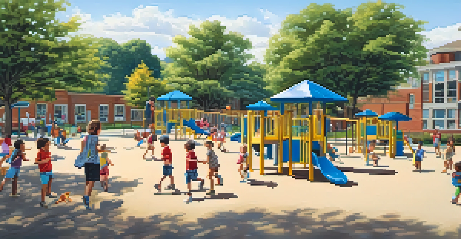 Children playing joyfully on a school playground with swings and slides, surrounded by trees.