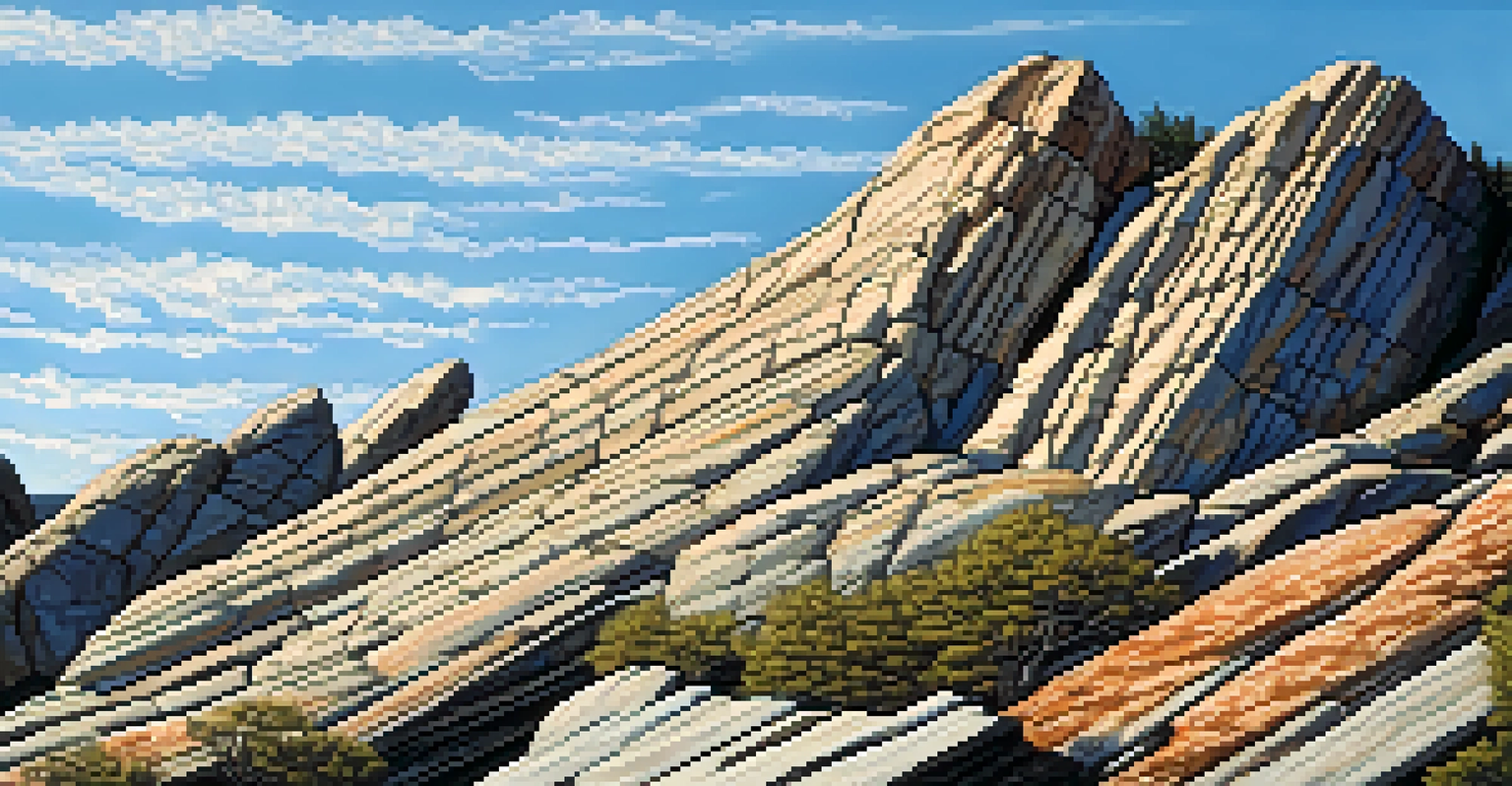 Close-up of geological layers in a rock formation, showcasing textures of granite and gneiss in sunlight.