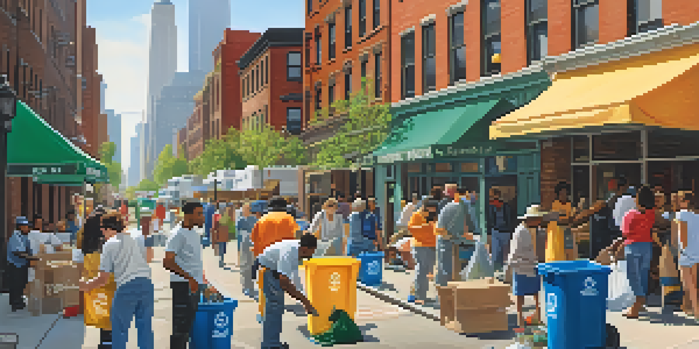 A diverse group of people engaged in a community clean-up in New York City, with recycling bins and the skyline in the background.