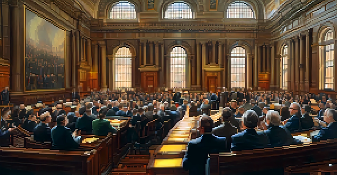A vibrant depiction of the New York State Legislature chamber with diverse lawmakers actively debating, illuminated by sunlight filtering through stained glass.