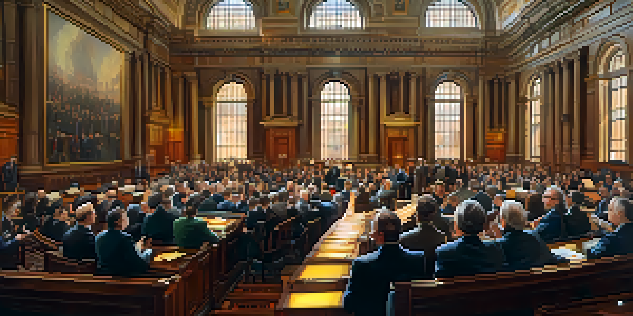 A vibrant depiction of the New York State Legislature chamber with diverse lawmakers actively debating, illuminated by sunlight filtering through stained glass.