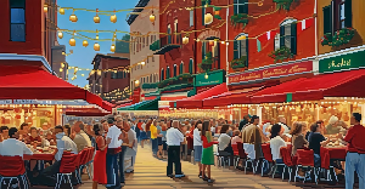 A vibrant street festival in Little Italy with families dining outdoors and enjoying music.