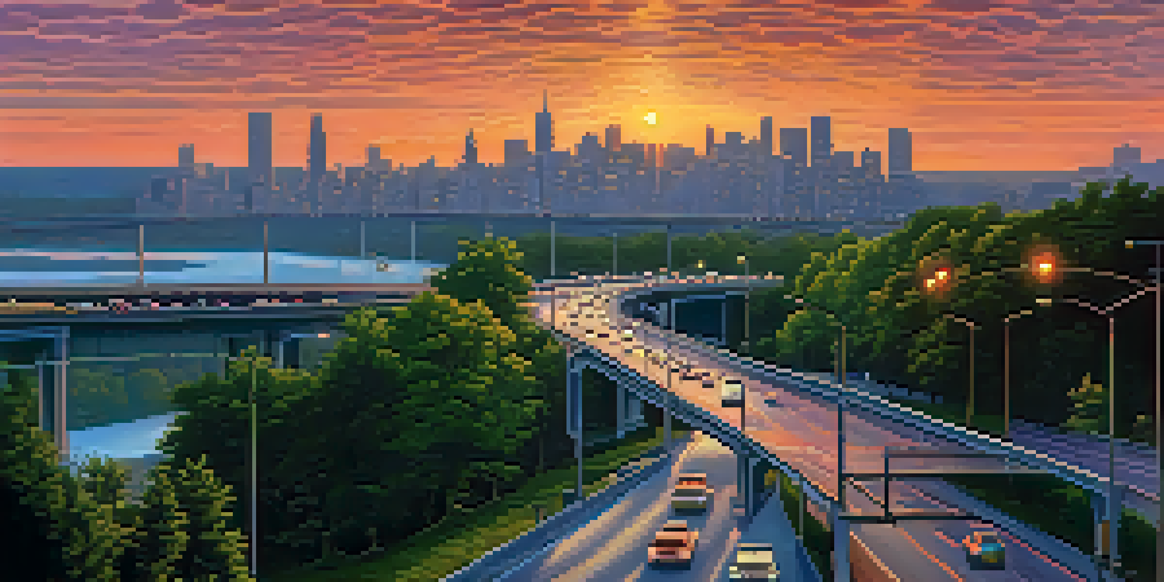 A panoramic view of a busy New York State highway during sunset with cars and trucks, overpass bridge, and distant city skyline.