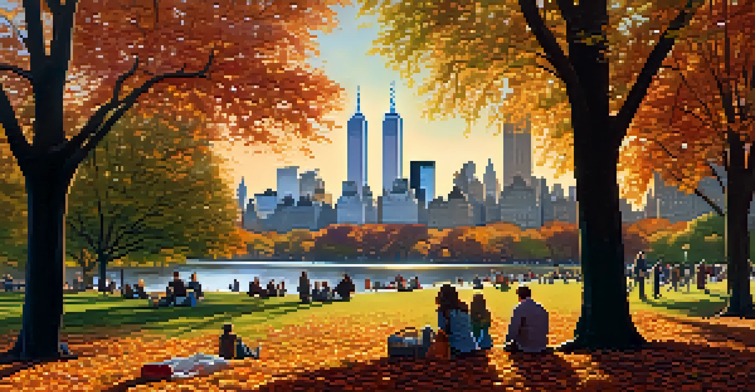 A peaceful autumn scene in Central Park with colorful leaves and the New York skyline at sunset.