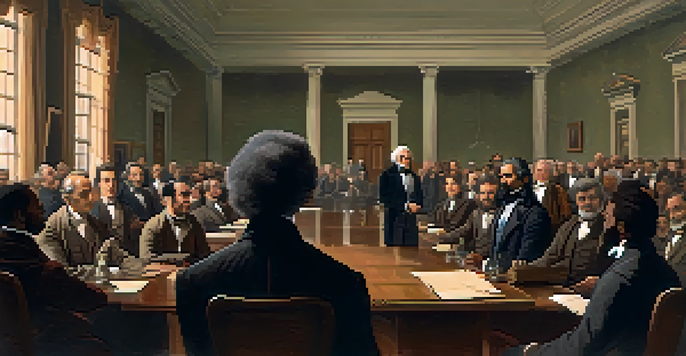 A historical scene of an abolitionist meeting in early 19th century New York, with Frederick Douglass speaking and a diverse audience listening intently.