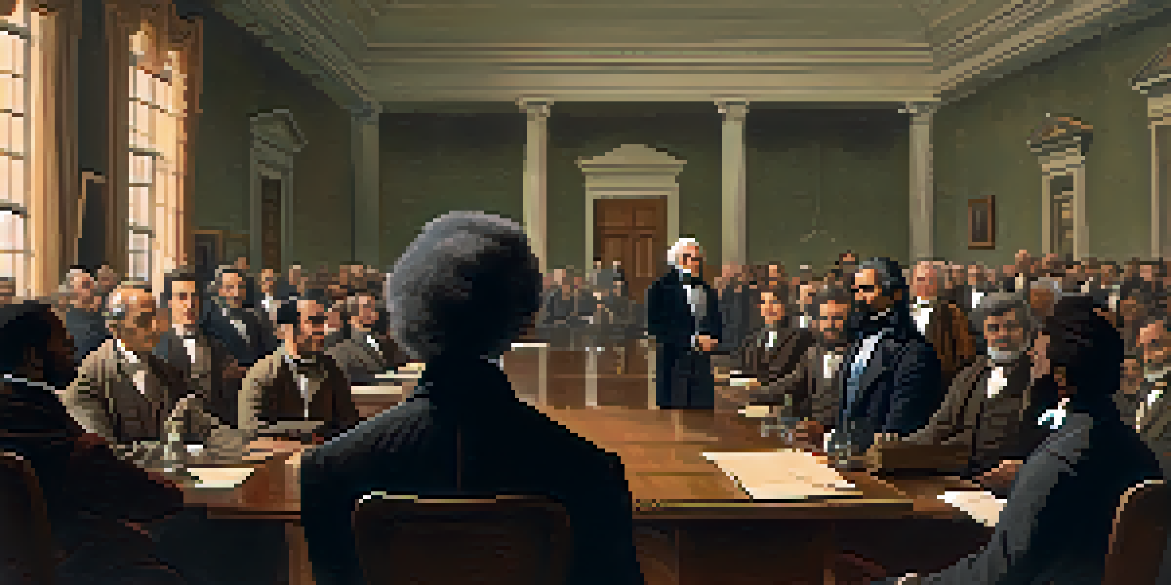 A historical scene of an abolitionist meeting in early 19th century New York, with Frederick Douglass speaking and a diverse audience listening intently.