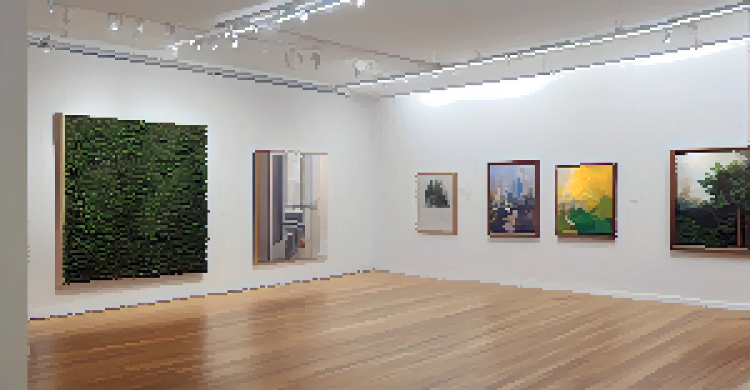 An inside view of a contemporary art gallery in NYC with visitors engaging with the artworks and soft lighting accentuating the pieces.
